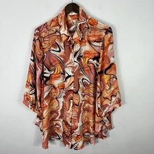 Cynthia Rowley Blouse 2X Abstract Swirl Print Button Front Boho Artistic Retro