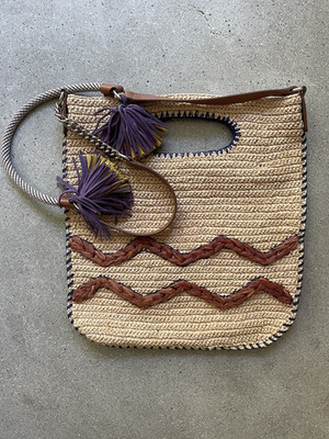 GERARD DAREL Raffia Whip Stitch Neutral Shoulder Tote Bag Leather Tassel NWOT