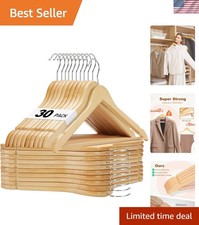 Wooden Hangers 30 Pack, Solid Wood Clothes Hangers with Non Slip Pant Bar, He...