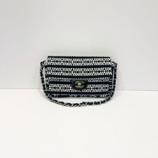 Chanel Classic Flap Black‑White Geometric Fabric Shoulder Crossbody Bag SilverHW