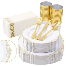 350pcs Gold Plastic Plates, Elegant Disposable Dinnerware Set, 125 Pieces, Wh...