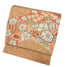 NAGOYA OBI Japanese Kimono/Tsujigahana-Style Motif/Beige/Chirimen Crepe