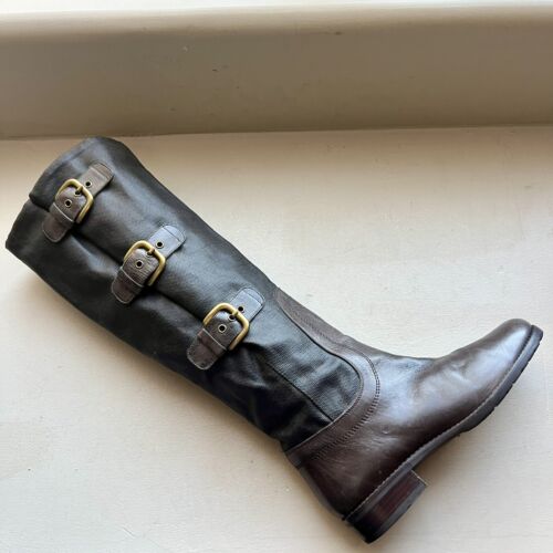 Stuart Weitzman Ludlow Brown Tall Leather & Coated Canvas Boot w/ Buckles Sz 5.5