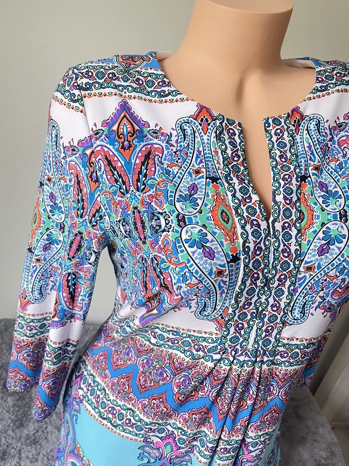 Vestido justo Sandra Darren 10 V paisley M azul laranja retrô anos 70 floral 4758 - Imagem 3 de 4