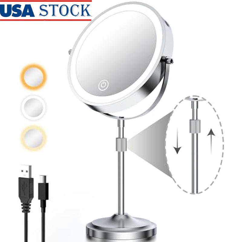 Lighted Makeup Mirror with 1X 10X Magnification Rechargeable Adjustable Height Dimmable 3 Colors US-image