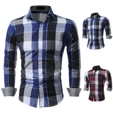 Mens Plaid Shirt Designer Engineered Stripes Stretch Button Up NEW Casual Dress