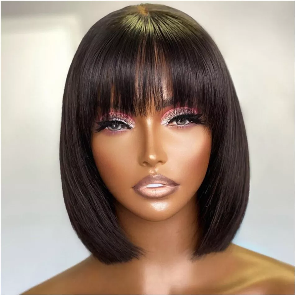 Short Layered Bob Wig Human Hair with Bangs Scalp Top Full Machine None Lace Wig
