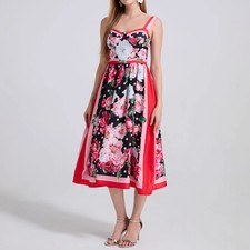 Elegant Camisole Printed Long Dress Womens Summer Floral Slimming Pleated Dress