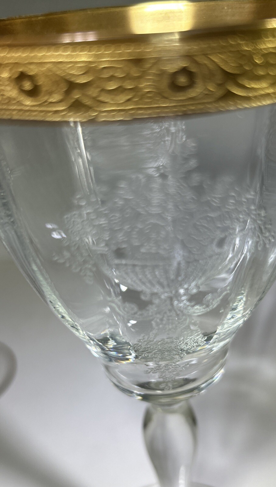 Set Of 3 Tiffin Franciscan Water Goblets Wine Glasses Encrusted Gold Rim Etched