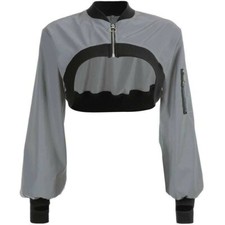 Women Reflective Crop Top Jacket Hip-hop Loose Casual Long Sleeves Zipper Club