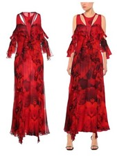 Alexander McQueen Cold-Shoulder Floral Print Silk-Chiffon Maxi Dress Gown 44 - 8