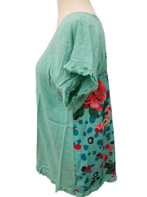 Umgee Tunic Women Medium Mint Green Short Frayed Sleeves Floral Back Boho New