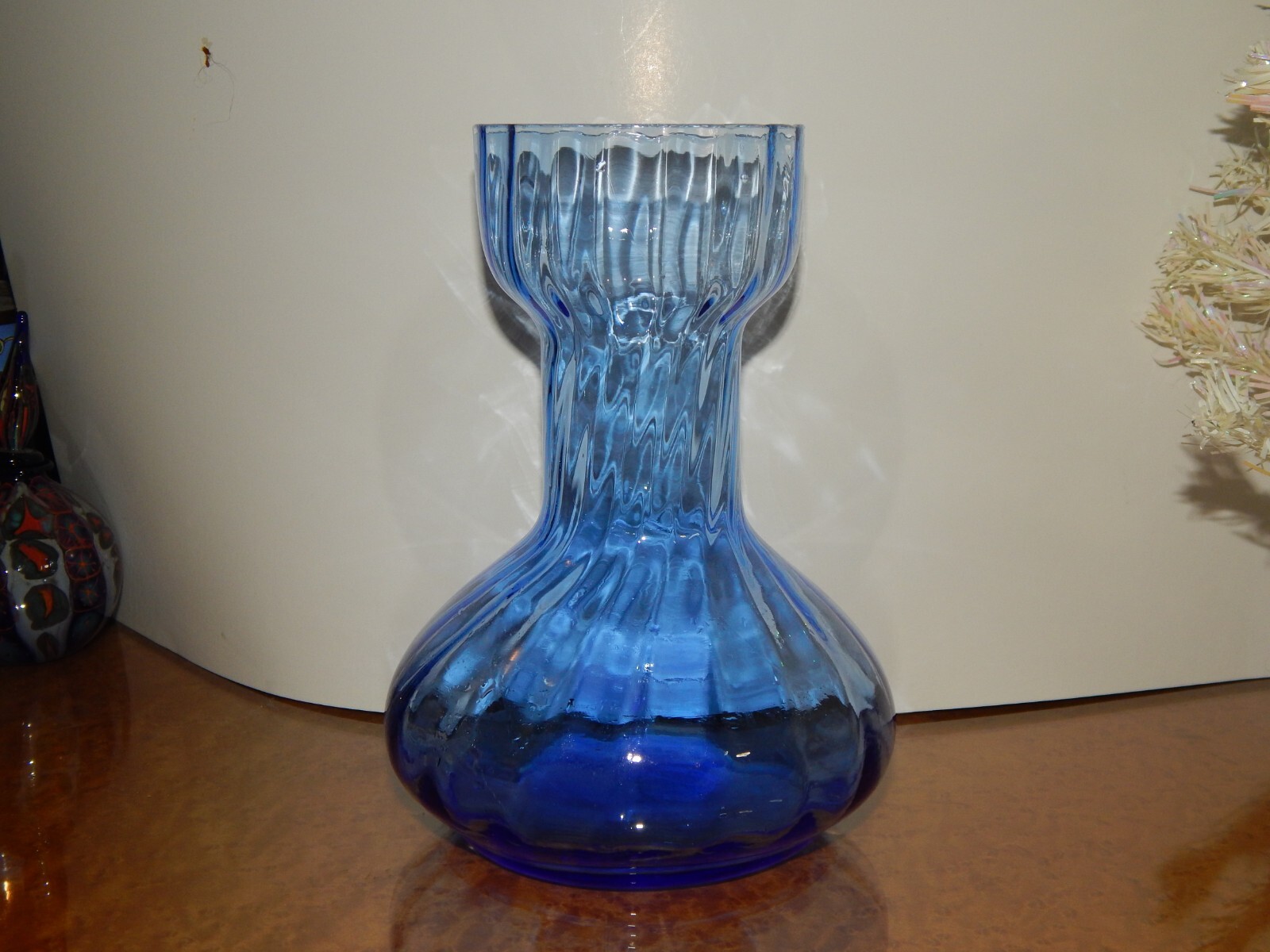 Vintage Blue Art Glass Ribbed Hyacinth Flower Bulb Forcing Jar Vase A+