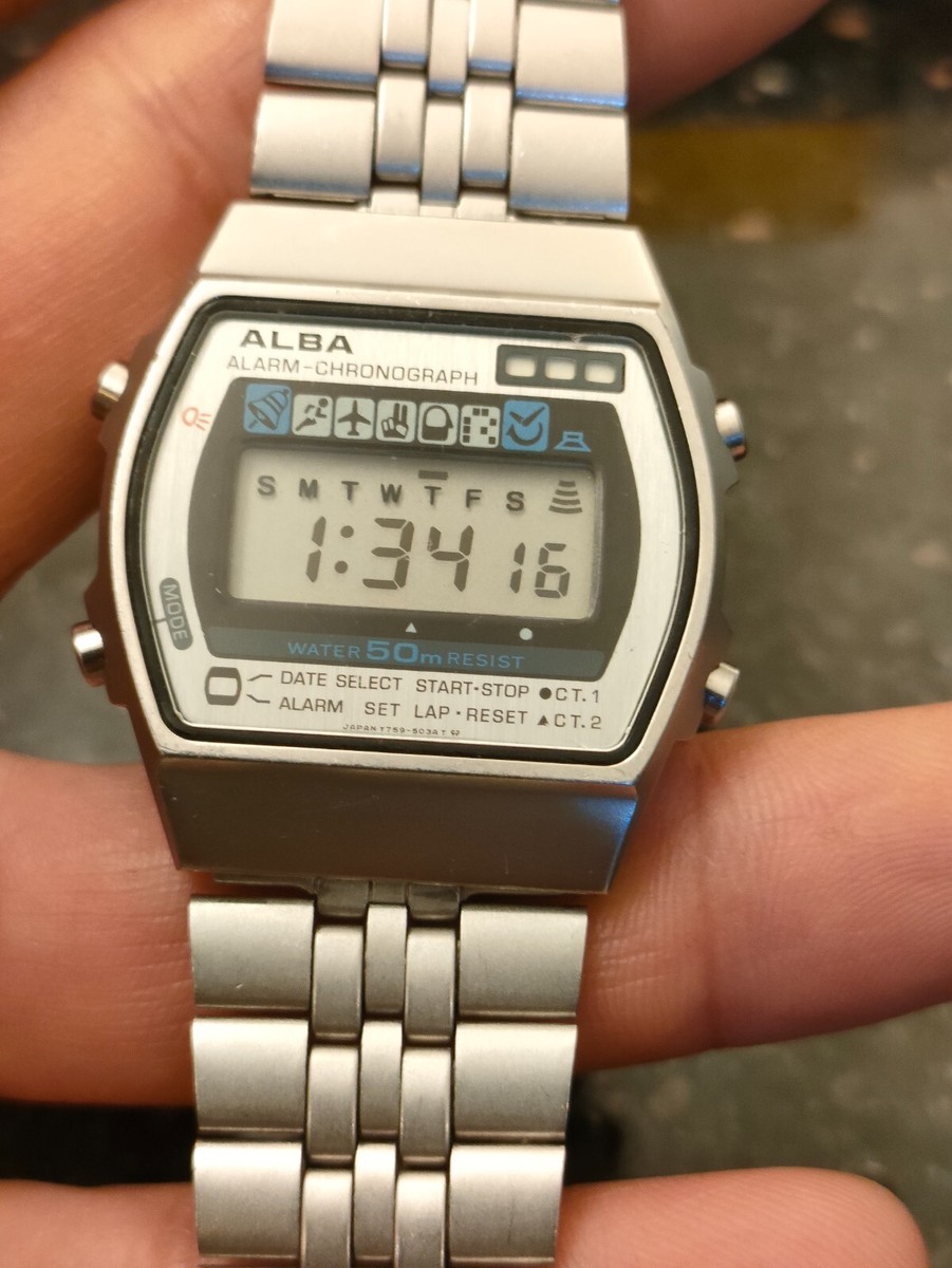 1980s Vintage Silver Blue Seiko Alba Digital Alarm Chronograph