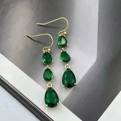 Fancy Party Wear Dangle Earring 14K Yellow Gold Plated Simulated Pear Emerald