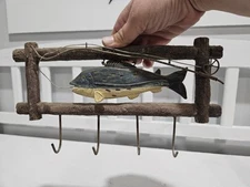 Vintage Resin Fish On A Hook Hanging Key Holder, Rustic Cabin Style