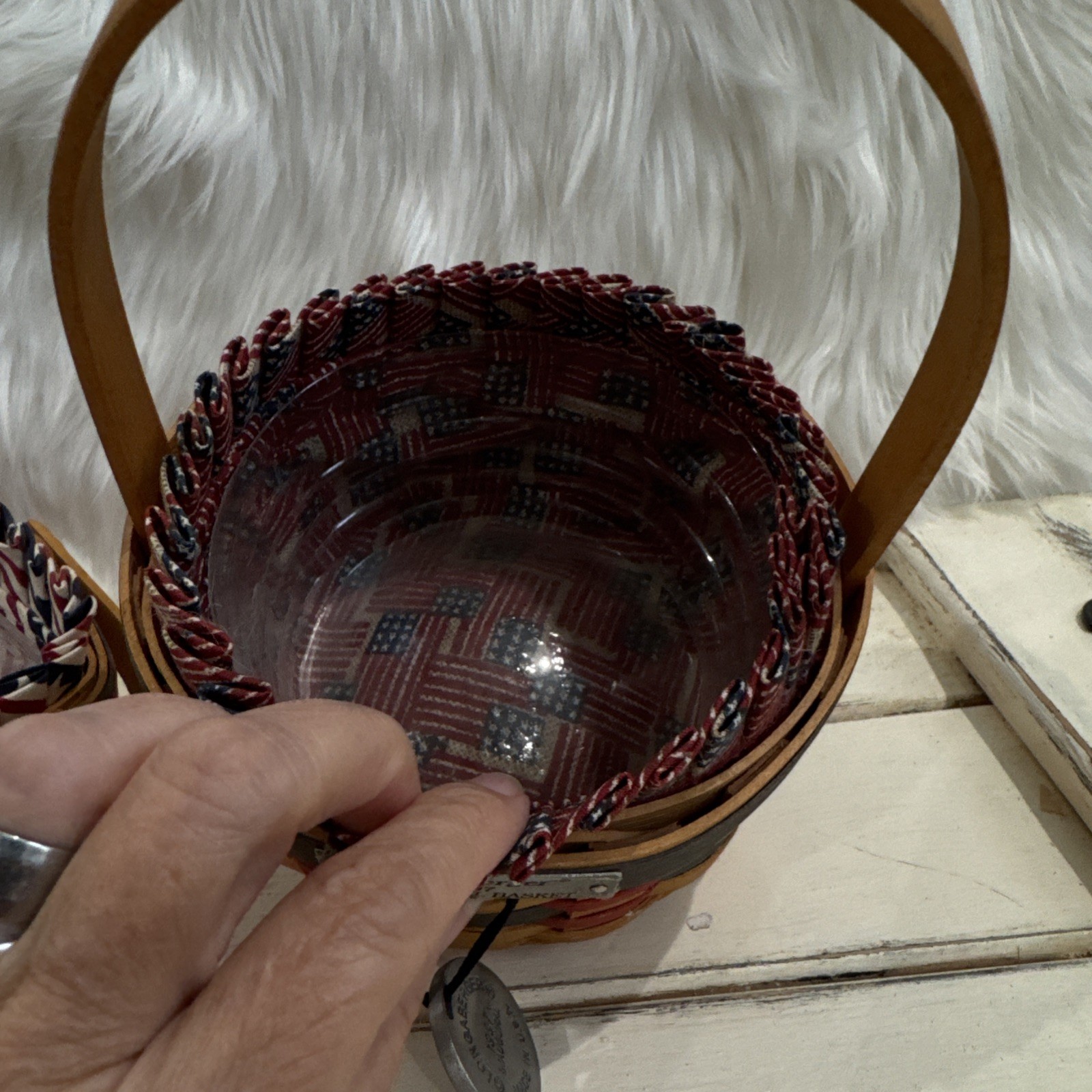 Longaberger 1997 Inaugural Basket 1996 Sleigh, Basket  Red White Blue Liners (2)