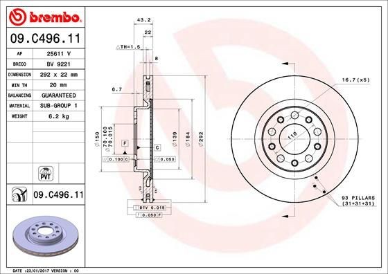 Disque de frein BREMBO contre les vibrations ALFA ROMEO 09.C496.11
