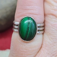 Vintage Native Made Malachite Ring Wide Sterling Silver Band Size 6