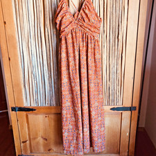 Shein Floral Vibrant Orange Red Long Dress Bohemian Straps Size Large NWT