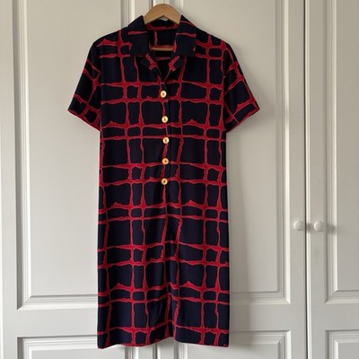Damen Vintage Handarbeit Marine & Rot Geometrisches Muster Gerades Knielanges Kleid 10