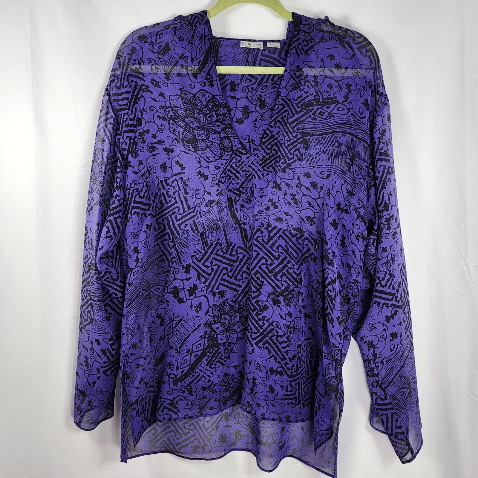 Chicos 1 Purple Black Print Hoodie Tunic Top Womens 8-10 Boho Travel Vacation