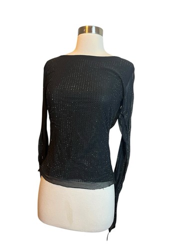 OW Collection Mesha Blouse M Black Rhinestone Mesh Long Sleeve Draped V-Back - Picture 3 of 11