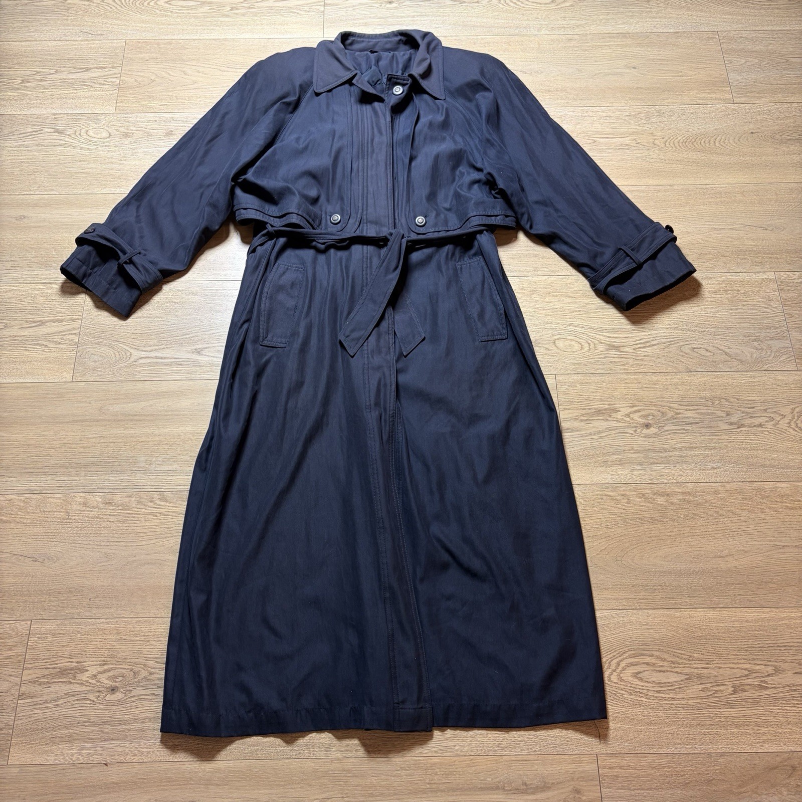 Vintage American Bazaar Long Women’s Trench Coat Size 14  Navy Blue Shoulder Pad