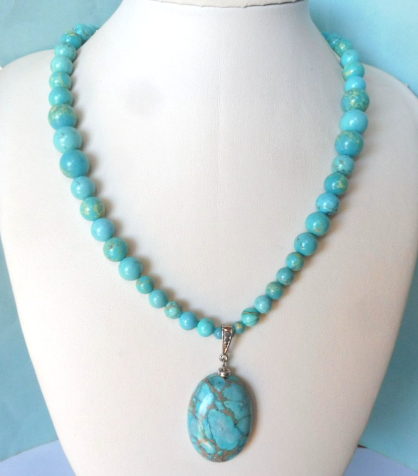 Collier Turquoise de Perse véritable - 195 Carats - Longueur 44cm et Argent Massif 925