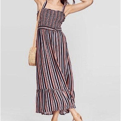 Universal Thread blue stripe smocked boho Square Neck belted Maxi Dress plus XXL