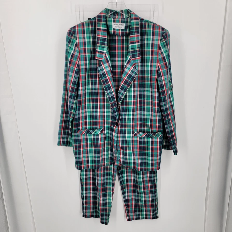 Terno calça xadrez feminino Alfred Dunner 10 bolsos de cintura elástica verde azul vintage - Imagem 2 de 4