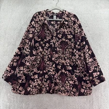 Catherines Top Women 3X Black Pink Floral Pleated Button Up Long Sleeve Collared