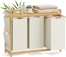Laundry Basket 3 Compartments 150L Hamper With Shelf Sorter White