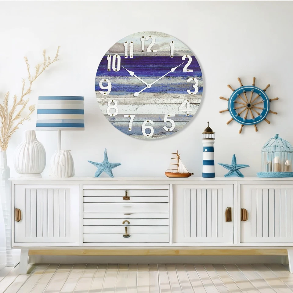 Reloj de Pared Grande Playa Azul 24 Pulgadas, Rústico Vintage Playa Decoración de Pared Costero... Foto 2 de 4