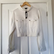 BNWT Boohoo Women Beige Cropped Bomber Jacket Size 10 Casual Zip Up #3