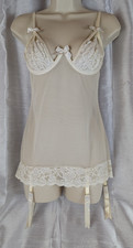 SHIRLEY OF HOLLYWOOD VTG Lingerie Corset Bustier Sheer Off White Lace Garters LG