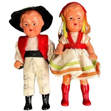 Vintage Celluloid German Dolls Pair Boy Girl Dressed in Costume Moveable Limbs