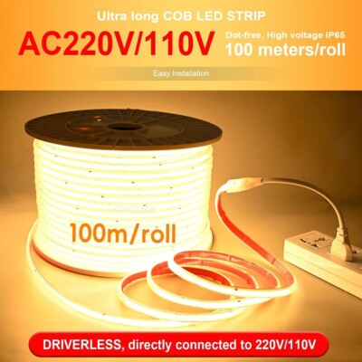 #ad AC 110V High Voltage COB LED Strip Lights Waterproof For Outdoor Indoor Cuttable $1041.24