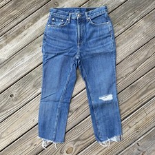 rag & bone Pamela High Rise Cropped Raw Hem Distressed Blue Jeans USA Made