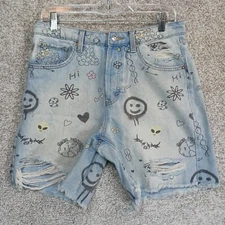 Wild Fable Shorts Womens 8 Blue Denim Doodle Print High Waist Ripped Bermuda