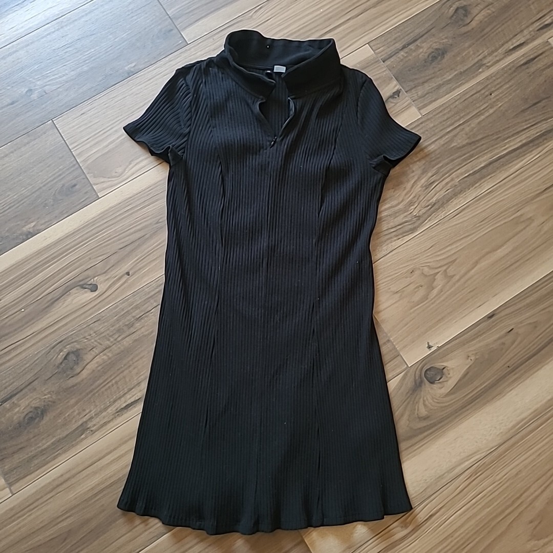 Divided H&M Womens Dress Black Ribbed Stretch XL Short Sleeve Collar Minimalist 