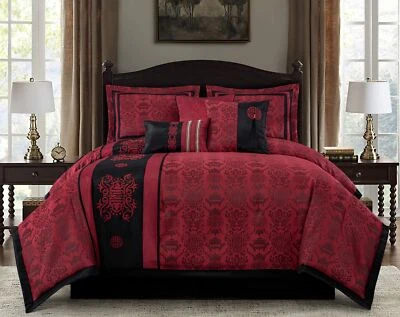 Chezmoi Collection Tai 7-Piece Oriental Red Black Jacquard Comforter Set