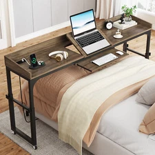 Tribesigns Height Adjustable Overbed Table Queen Size Over Bed Desk with Outlets