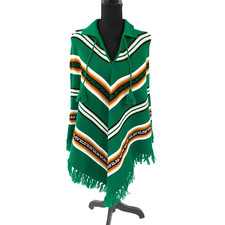 Vintage Aztec Woven Festival Gear Boho Fringe Sweater Green Poncho Cape Shawl