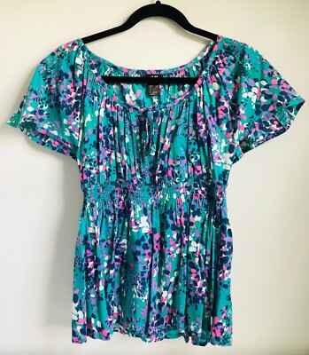 EUC H&M Women's Short Sleeve 100% Cotton Printed Top in Green Multi Size 6US/36E