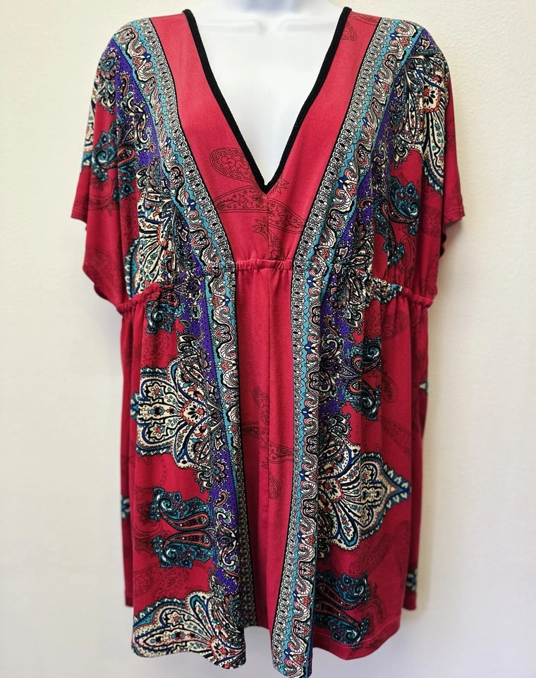 Blusa Lane Bryant tamanho 14-16 rosa estampa paisley império cintura gola V elástica - Imagem 2 de 4