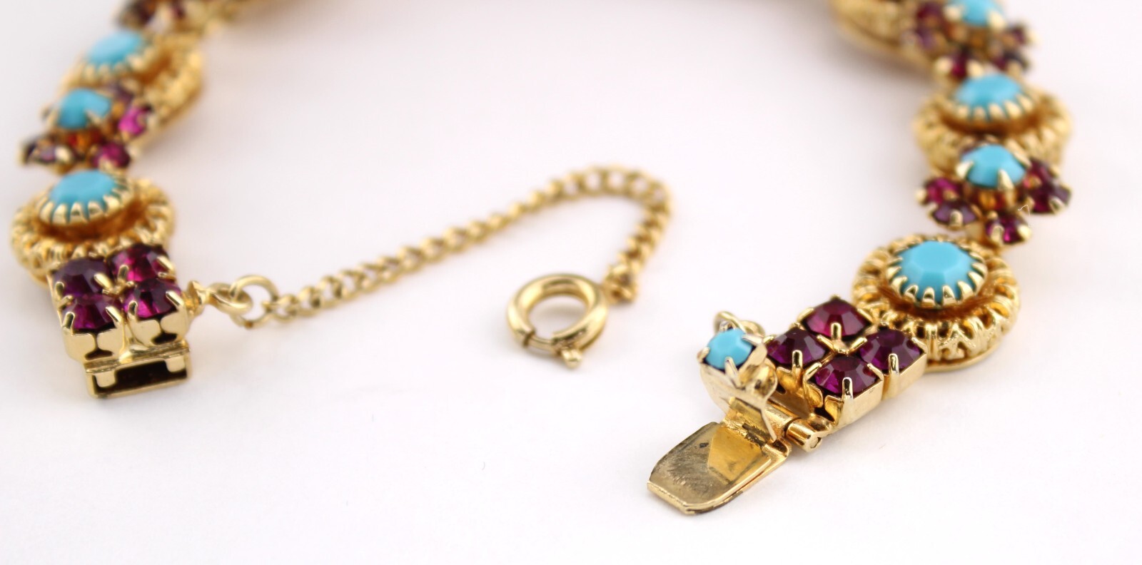 Antique Turquoise Ruby Rhinestone Gold Filigree N… - image 10