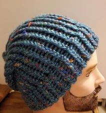 One Size Teal Blue Tweed Extra Wam Wool Blend Hand Knitted 100% Handmade Slouch