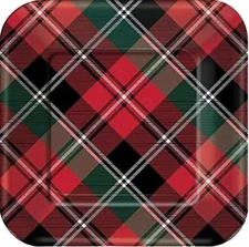 Holiday Plaid Red Winter Christmas Party Bulk 7" Paper Square Dessert Plates