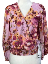 MSK Blouse Womens Petite Medium Pink Floral Chiffon Smocked V-Neck Metallic NWT